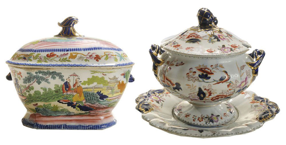 Two Mason's Ironstone Tureens: English, 19th century: finely enameled Mason's rare Mogul pattern octagonal tureen, cobalt and gilt finial, boar's head handles, cover with blue Mason's transfer mark and impressed double horse over "