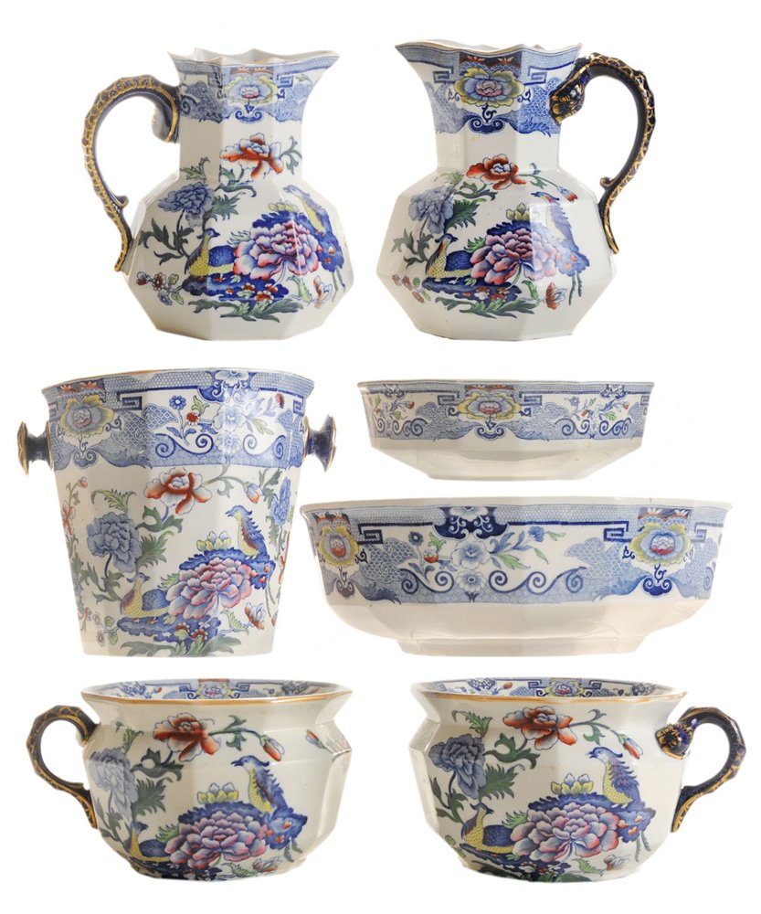 Seven Pieces Mason's Oriental: Pheasants Pattern Ironstone English, late 19th/early 20th century: pair chamber pots with snake handles, cobalt and gilt decoration with pheasants and flowers, stamped in blue "Mason's Patent Ironston