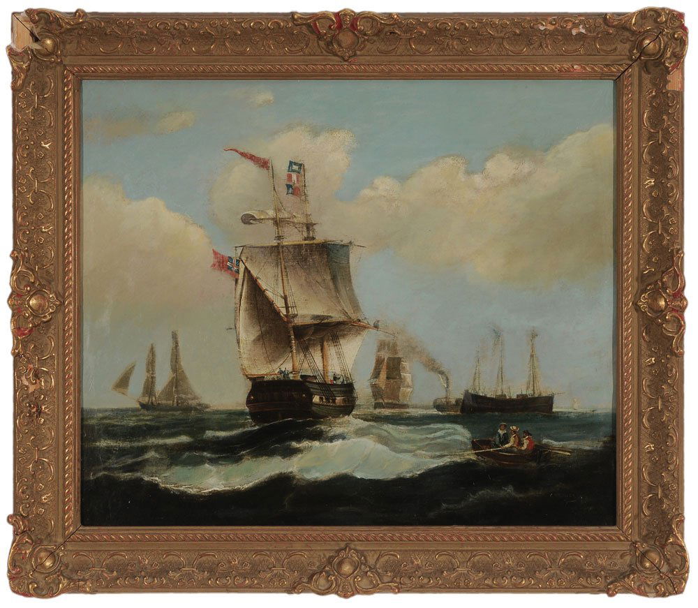 British School: (19th century) Frigate with Other Shipping in Harbor, signed lower right indistinctly "J. W. Carmichel"(?), oil on canvas, 19-7/8 x 24 in.; modern gilt wood and composition frame,