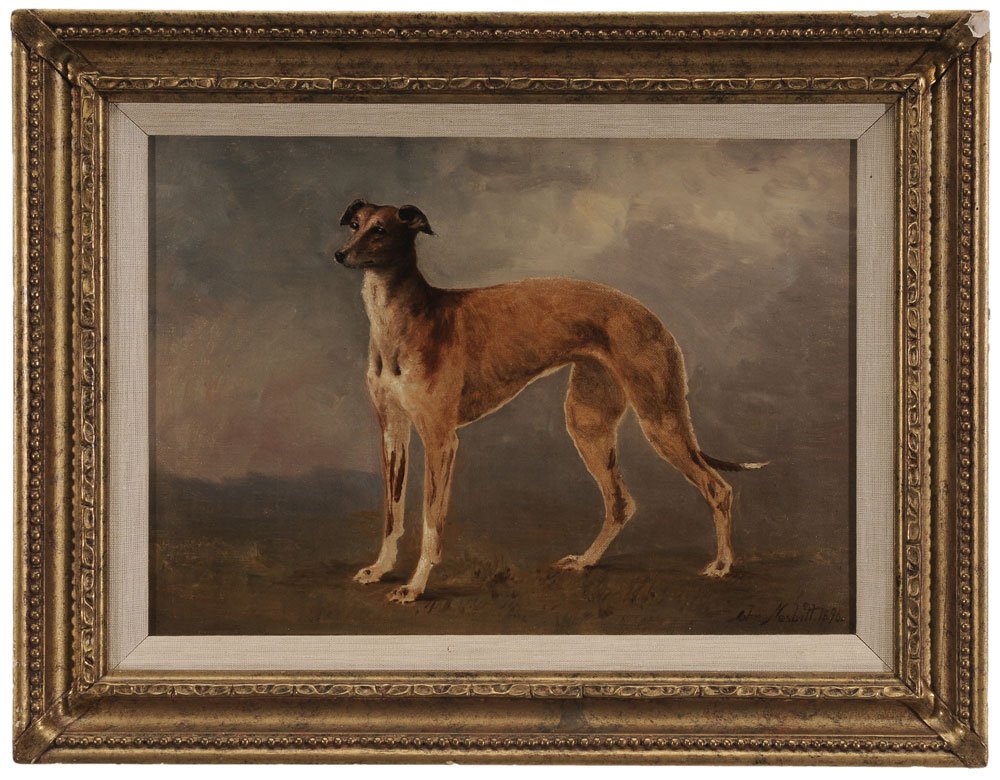John Nesbitt: (British, 1831-1904) Portrait of the Greyhound "Clyde Spray" (label verso), 1890, signed lower right "John Nesbitt.1890", oil on canvas, 10-1/8 x 14-1/4 in.; gilt wood and composition frame,