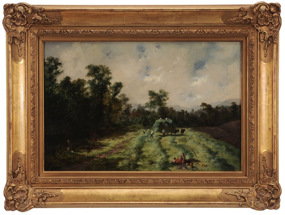 Manner of George Cole: (British, 1810-1883) Haying Scene, signed lower right "G. Cole", oil on canvas, 15-7/8 x 24 in.; 20th century gilt wood and composition frame,