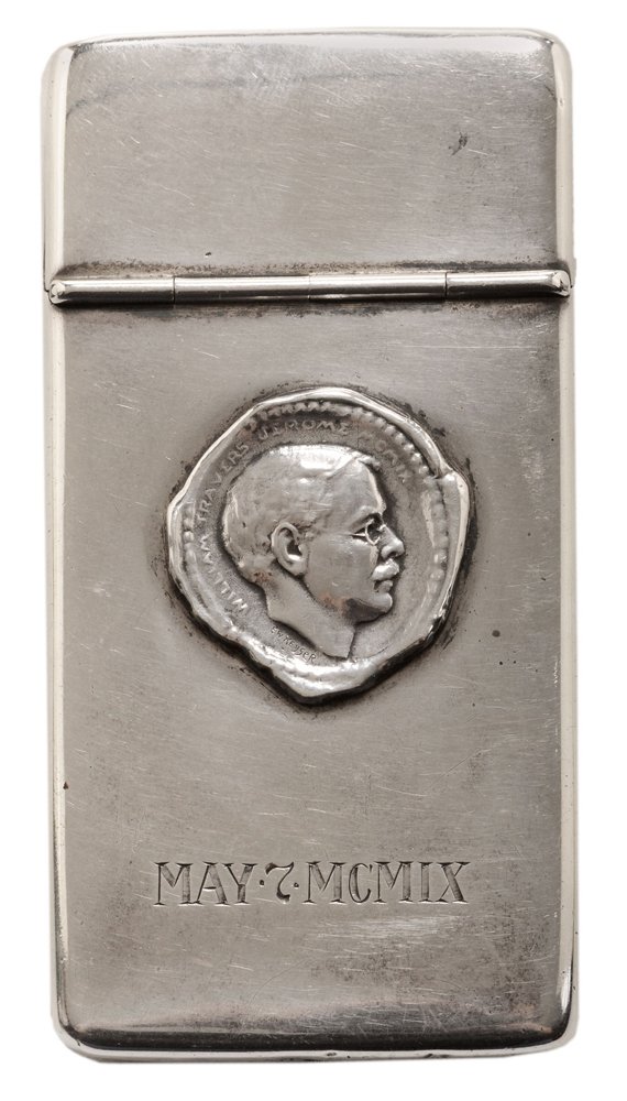 William Jerome Presentation Sterling: Card Case American, 1909, case presented to attendees at a special retirement dinner for New York's District Attorney, William Travers Jerome, rectangular with hinged lid, gilt interior, front with ap
