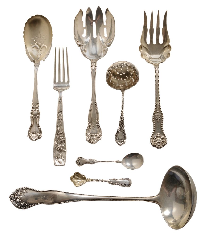 Sterling Flatware, Plates and Brush,: 26 Pieces American, 20th century, including Gorham Lancaster ladle; Whiting Mulberry fork; Dominick & Haff Charles II serving fork; eleven Whiting Duke of York egg spoons; Gorham Chantilly infant fork