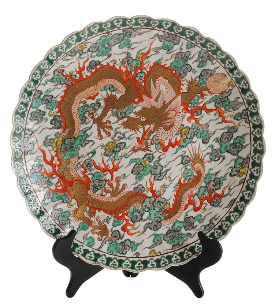 Finely Enameled Porcelain Charger: Japanese, 19th century, gold dragon on green, yellow and aubergine ground with stylized clouds, finely scalloped and gilt border, spurious [Qianlong] mark, 18-1/4 in.,
