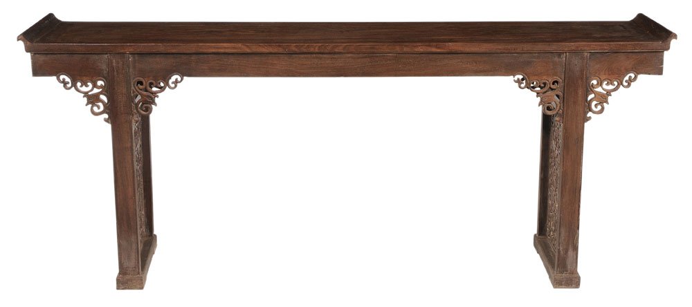 Large Carved Hardwood Altar Table: Chinese, probably 20th century, figured hardwood throughout, pierce-carved returns and side panels, 33-1/2 x 81-1/2 x 17-1/4 in.,