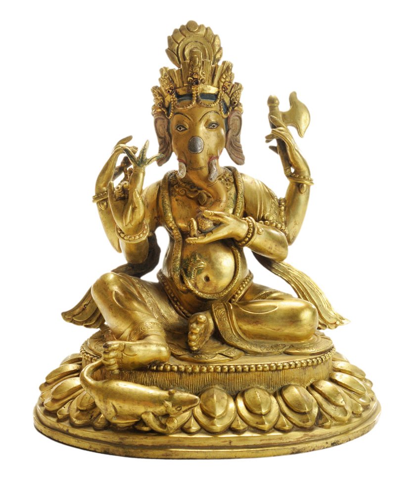 Gilt Bronze Figure of Seated Ganesha: Sino-Tibetan, figure of Ganesha with elaborate crown over the elephant-form head with humanistic enameled ears and tusks, four arms holding Buddhist symbols, oval pedestal base, underside with engrave