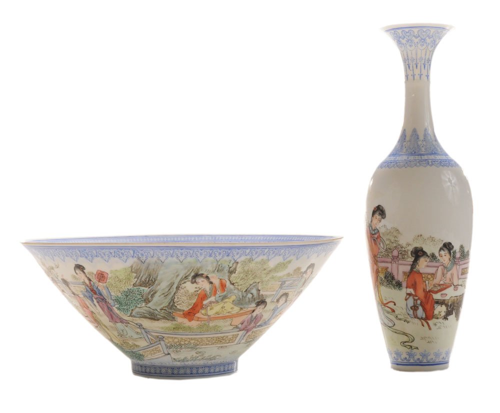 Finely Enameled Eggshell Bowl,: Baluster-Form Vase Chinese, 20th century: center of bowl interior with Buddhist symbols within a stylized butterfly banding and top-rim banding, elaborately enameled depicting women in a garden landsc