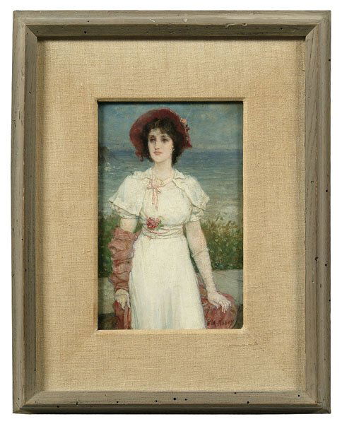 Painting signed "E.A. Abbey": girl in white dress in coastal landscape, signed lower right "E.A. Abbey", forgery of Edwin Austin Abbey, NA, (Philadelphia, Pennsylvania, 1852-1911), oil on panel, yellowed varnish at edges and retou