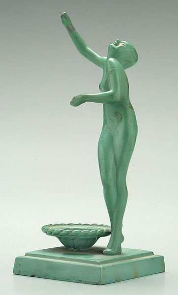 Frankart figure of woman,: cast metal with original green paint, Frankart mark on back, copyright date 1928, probably a base for bud vase, lacking vase, 8-1/2"
