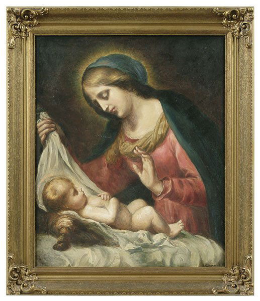 Madonna and child,: after Onorio Marinari, signed lower right "J.M. Kavanagh", oil on canvas, areas of retouch in eye, background and throughout, several small holes and abrasions, minor flaking, 20th century, 24 x 20",