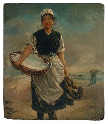 Unsigned painting after Dupre,: woman carrying baskets of fish, after Jules Dupre, (French, 1811-1889), oil on artist board, corner losses, chipping at edges and corners, craquelure, grime, abrasion with small losses, retouch approx
