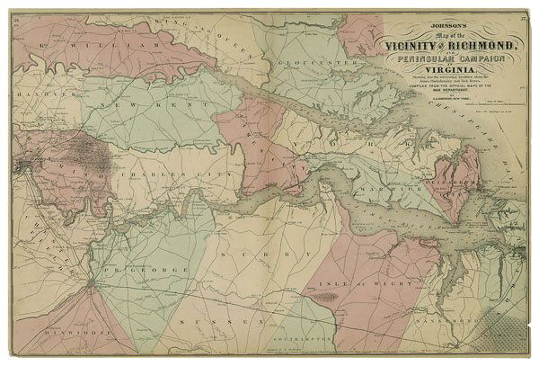 Civil War map of Richmond, Virginia,: hand colored, "Johnson's Map of the Vicinity of Richmond and Peninsular Campaign in Virginia", 1862 by Knowles Hare, several small punctures, light foxing, creases, chips at margins, 18 x 26-3/4"