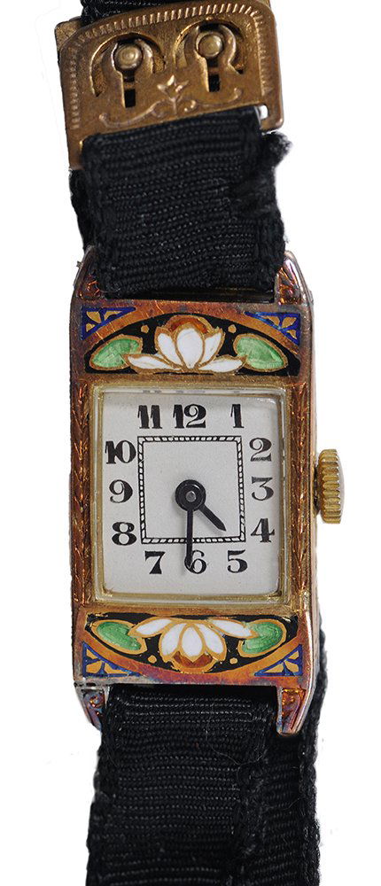 French Antique Gold and Enamel Watch: 18 kt. yellow gold rectangular 26.8 x 14.2 mm. case marked "750,611324" with French hallmarks, engraved accents, floral enamels in Art Deco style, white dial, 15 jewel movement, working at tim