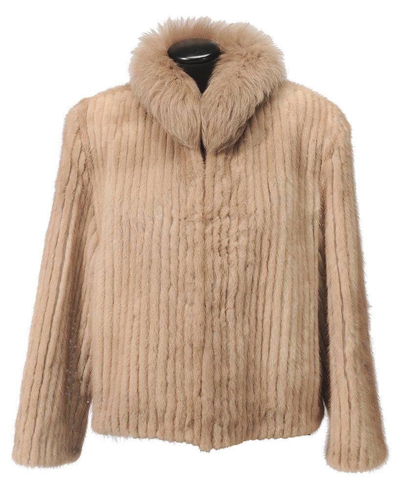 Mink Jacket with Fox Fur Collar: cabled light colored mink, fox fur collar, 24 in., medium, interior label for "Saga Mink" some wear. Provenance: Private Collection