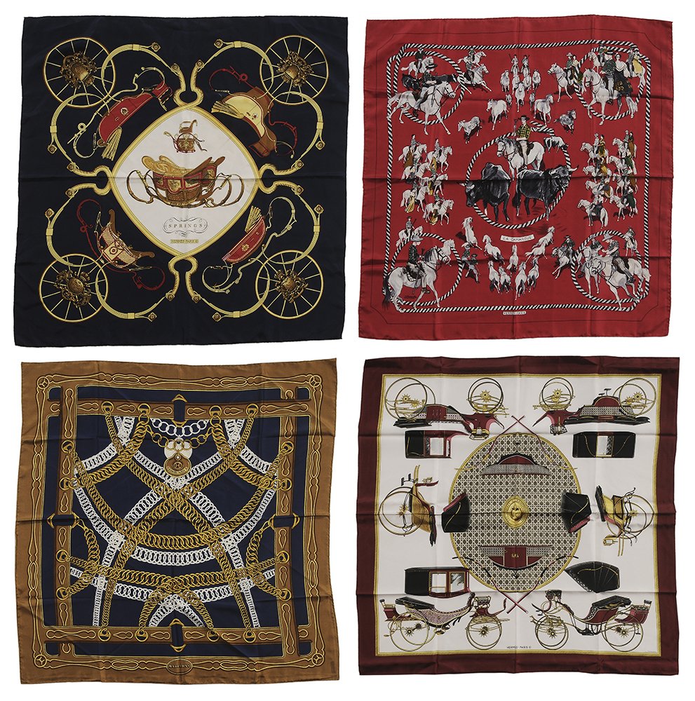 Four Silk Hermès Scarves: "Camargue", 34 x 34 in., "Maillons", 35 x 35 in., "Spring", 34 x 34 in., "La Perrriere", two Hermès boxes, catalog, wear to boxes, Light stains (probably from make