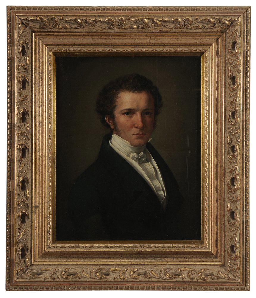 German School: (19th century) Portrait of a Gentleman, identified on card verso as "Freiherr Ferdinand von Vahrendorff", 1826, unsigned, oil on canvas, 11-7/8 x 9-1/2 in.; gilt wood frame, original strainer
