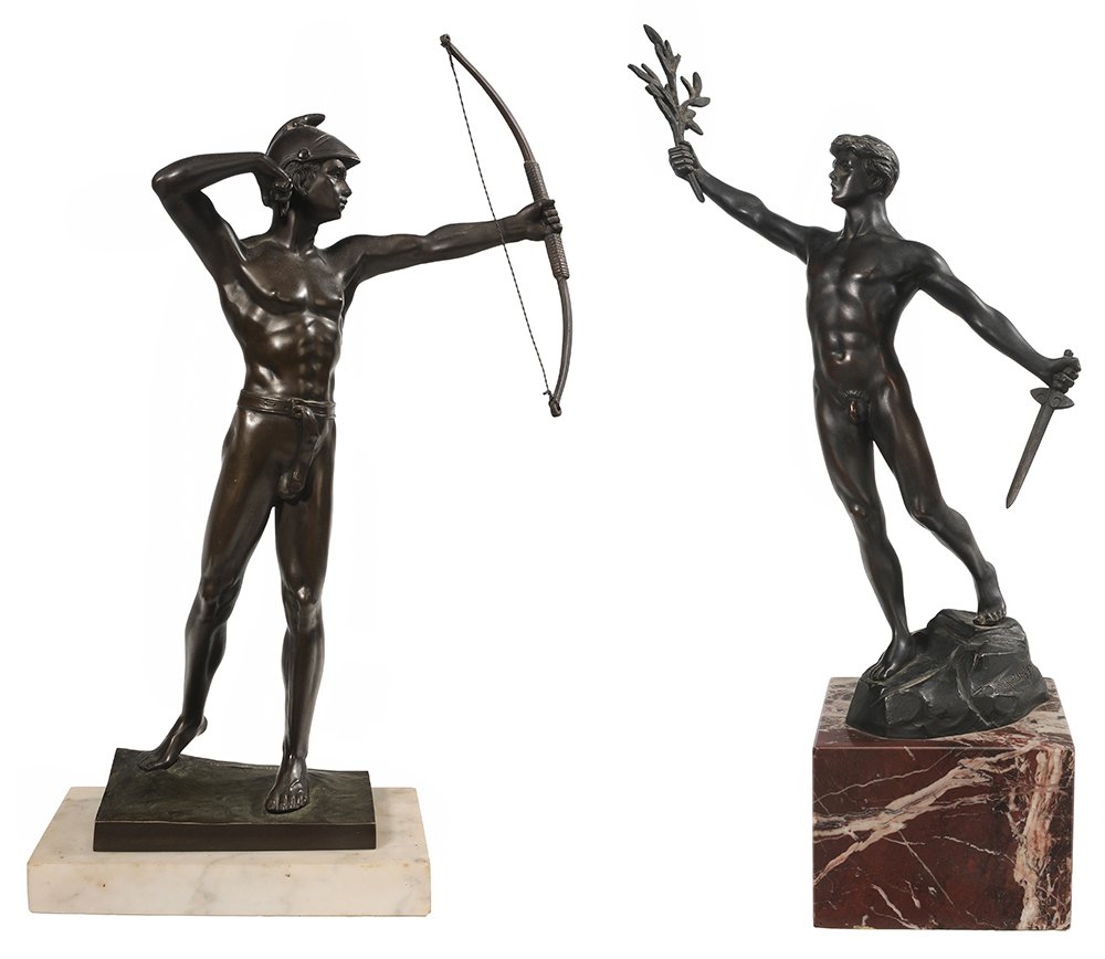 Two Figural Bronzes, Schmidt-Hofer: (European, 19th/20th century) An Archer, signed "Zwirzejewski", 16-1/4 in.; A Victor, signed "Schmidt-Hofer", Otto Schmidt-Hofer (German, 1873-1925), with a presentation plaque verso i