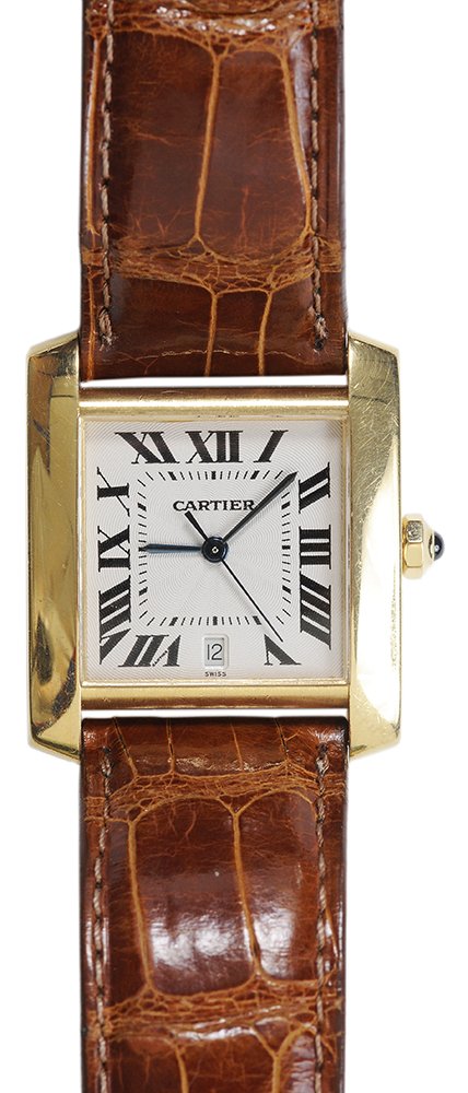 18 Kt. Gold Man's Cartier Wrist Watch: white dial marked "Cartier", Roman numeral sweep second band, blue cabochon on winding crown, case marked "Automatic, water resistant, Swiss made, 750, 18K, 1940, CC468038", brown "