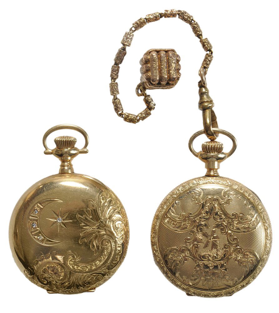 Two 14 Kt. Elgin Gold Pocket Watches: one with hunter case, gold double-sunken dial, marked "Elgin", movement marked "Elgin Natl Watch Co, USA, 12546510, Safety Pinion", Art Nouveau embossing on front and back covers , moo