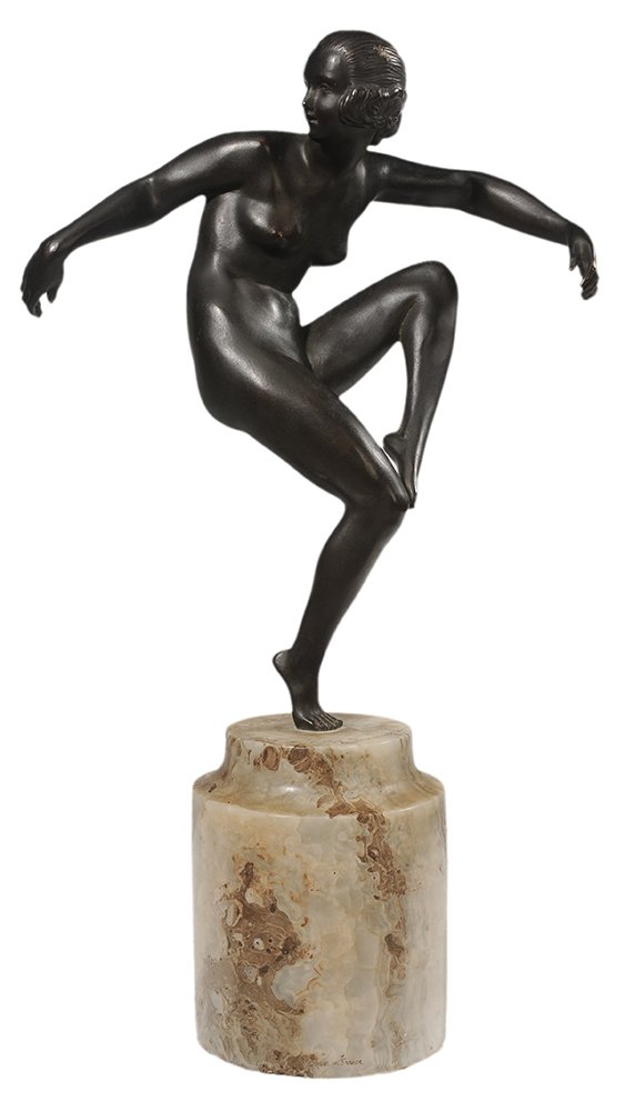 Antoine Bouraine: (French, 20th century) Dancing Nude, incised on base "A. Bouraine", patinated bronze on agate base, 18 in. with base, abrasion on head, hand, paint accretion. Provenance: Private Collection