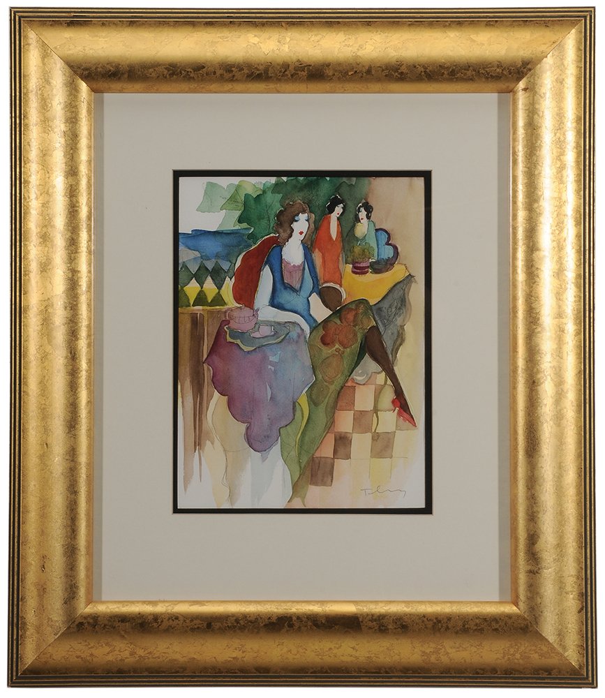 Itzchak Tarkay: (Israeli, 1935) Tea at a Café, signed lower right "Tarkay", watercolor over ink on paper, 11-3/4 x 8-3/4 in.; gilt wood frame, good condition, not removed from frame; frame with abrasions