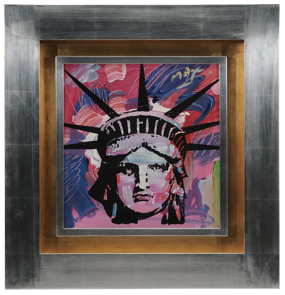 Peter Max: (New York/Germany, born 1937) Liberty Head, 1987, signed upper right "Max" and signed and dated verso canvas, acrylic on canvas, 16-1/2 x 15-1/2 in.; fine silver and gold lead shadow box frame