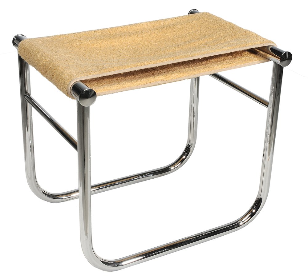 Charlotte Perriand Chrome Bath: Stool Model LC9 American, 20th century, manufactured by Cassina, polished chrome frame with stretcher base, seat with removable beige toweling, marked "Cassina LC9 02488 Le Corbusier" with tra