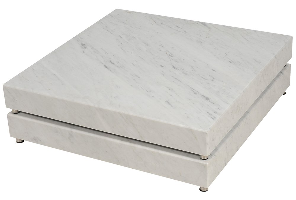 Pair White Marble Square Piero: Lissoni Cocktail Tables designed by Piero Lissoni for Living Divani, 20th century, each with white and gray variegated Carrara marble top, stainless steel legs, 5-1/4 x 31-1/2 x 31-1/2 in., corner of 