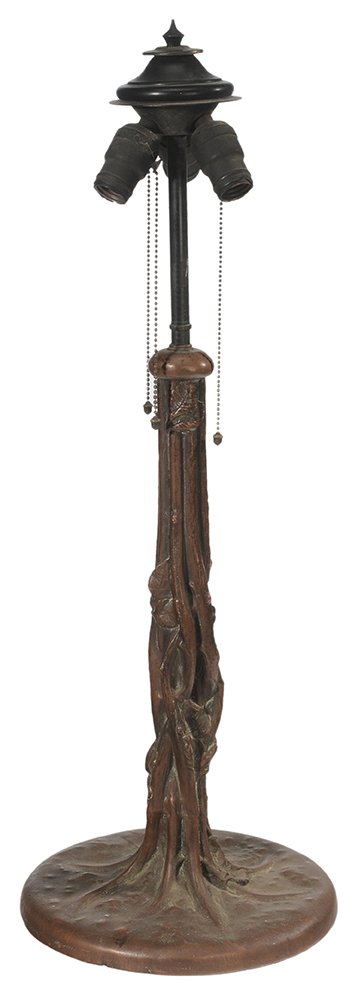 Molded Copper Tree Trunk, Leaf and: Vine Lamp Base early 20th century, possibly Pairpoint or Handel, molded rustic-form base incorporating leaves and vine, acorn pulls at ends of chains, circular unmarked base, three-prong electrical fi
