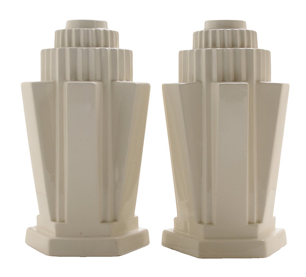 Pair Boch Freres White Ceramic: Skyscraper Vases Belgian, circa 1930, each with stepped tops, hexagonal vertical beam body on hexagonal platform base stamped "Made in Belgium Boch La Louviere Fabrication Belge", impressed &#