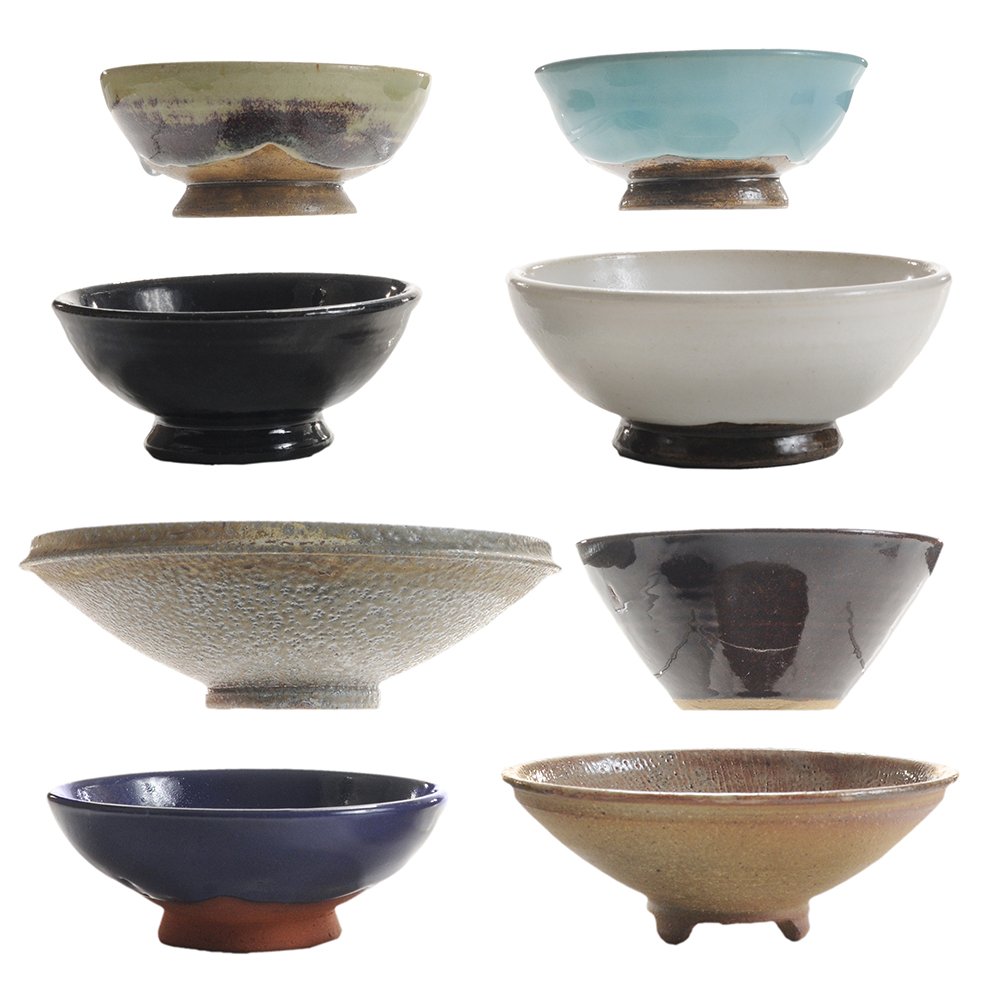 Eight Ben Owen III Small Bowls: Seagrove, North Carolina, various glazes: one with white glaze, "Ben Owen Pottery 1988", 2 x 4-5/8 in.; one with Chinese blue glaze, "Ben Owen Pottery", "AR 1988"; one with bla