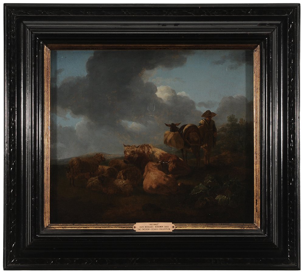 Follower of Jacob Roos: (Italian, 1682-1730) Pastoral Landscape, with a shepherd tending livestock, bears signature lower left "NB", oil on panel, 15 x 17-1/2 in.; black lacquered frame, crackle, areas of overcleanin