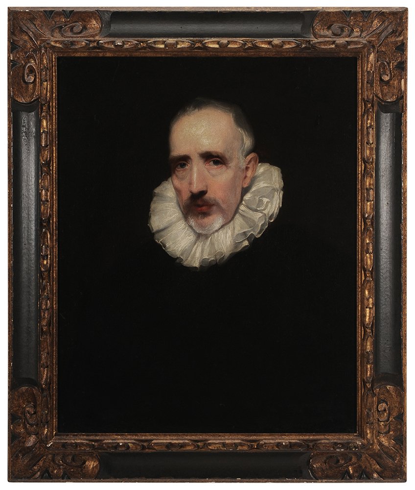 Follower of Sir Anthony Van Dyck: (Flemish, 1500-1641) Cornelius Van Der Geest, circa 1824-1848, oil on canvas, 30 x 24 in.; chip carved, painted and gilt wood frame, laid on Masonite, crackle, scattered retouch primarily in backgroun