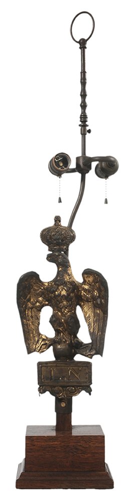 Napoleonic Gilt Tole Imperial Eagle: Battle Staff Ornament Converted to Table Lamp French, 19th century, figure of standing gilt spread-wing eagle below a crown, stamped "LN", reverse stamped "EF", mounted on wooden suppo