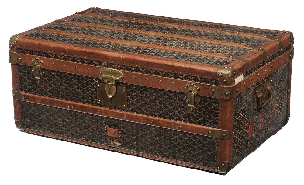 Malles Goyard Paris Painted and: Wood-Bound Traveling Trunk hinged cover with three wood slats and brass straps, lock marked "Depose", open interior labeled "E Goyard, Paris, 233 Rue St. Henri, Paris/Monte Carlo in the Ri