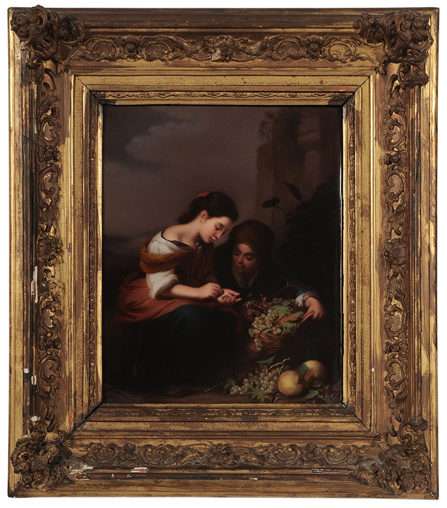 A Fine Large Berlin Plaque: 19th/early 20th century) Little Fruit Seller, after Bartolomé Esteban Murillo (Spanish, 1670-1675), unsigned, impressed KPM and swordmark verso, hand-painted porcelain plaque, 12-5/8 x 10-1/8 in.