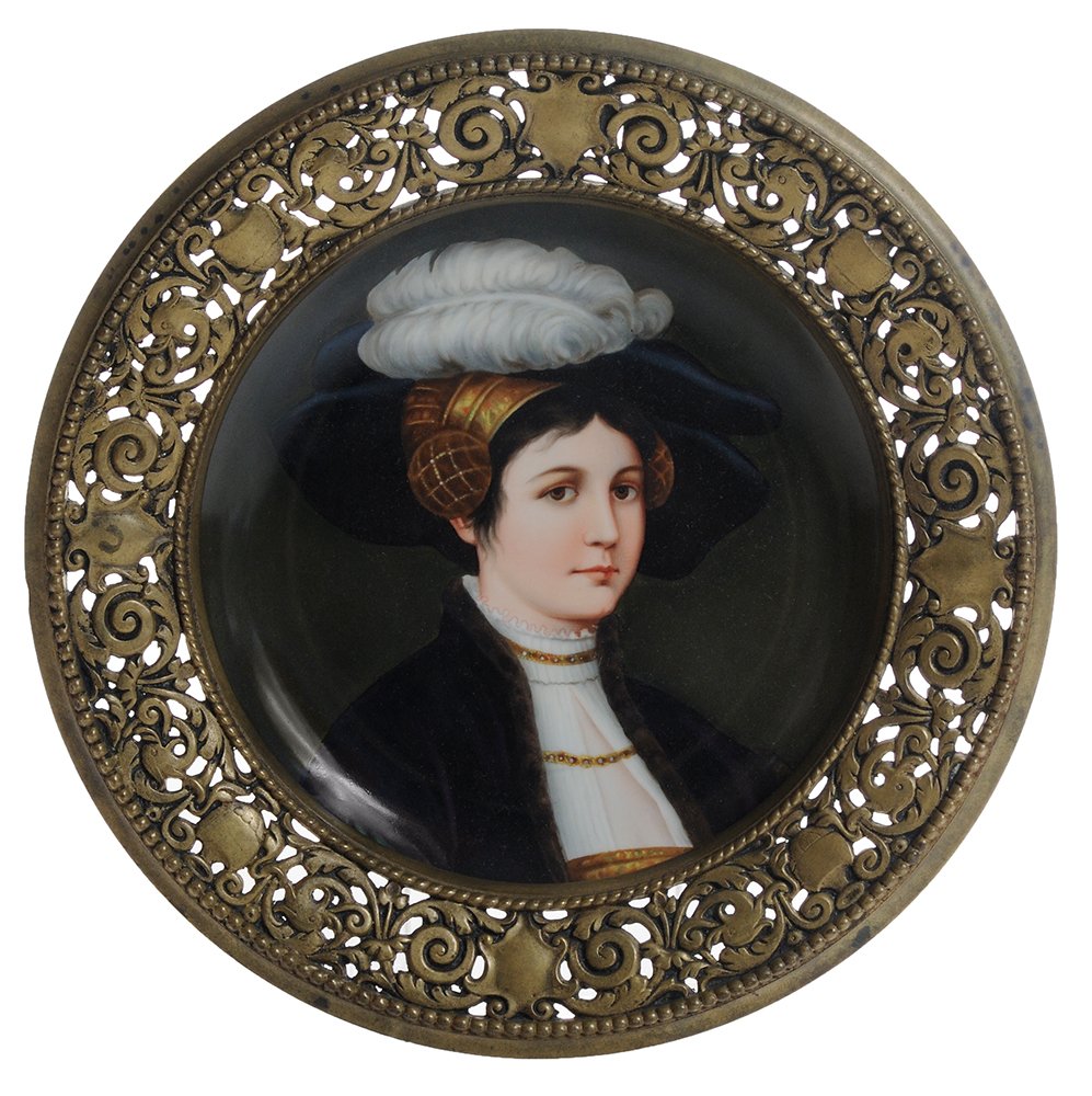 KPM Hand-Painted Porcelain Portrait: Plate after work by Frederick Auguste Kaulbach (1850-1920), impressed "KPM" below scepter mark in green, portrait of a woman in elaborate dress, black hat with white flowers, fine silk blouse 