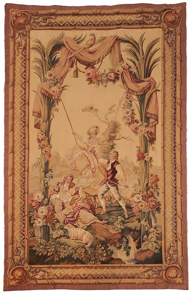 19th Century Aubusson Tapestry: 18th century style, bottom corner label states "Handmade Aubusson Tapestry L'Escarpolette "See-Saw" Tapestry after Fragonard The Swing. XVIII century representing a scene from garden of Ve