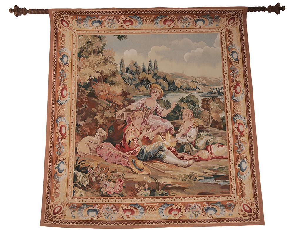 Aubusson Style Tapestry: modern, garden scene, 77 x 70 in., attached to carved wood and composite rod for hanging good condition. Provenance: Private Collection, Charleston, South Carolina