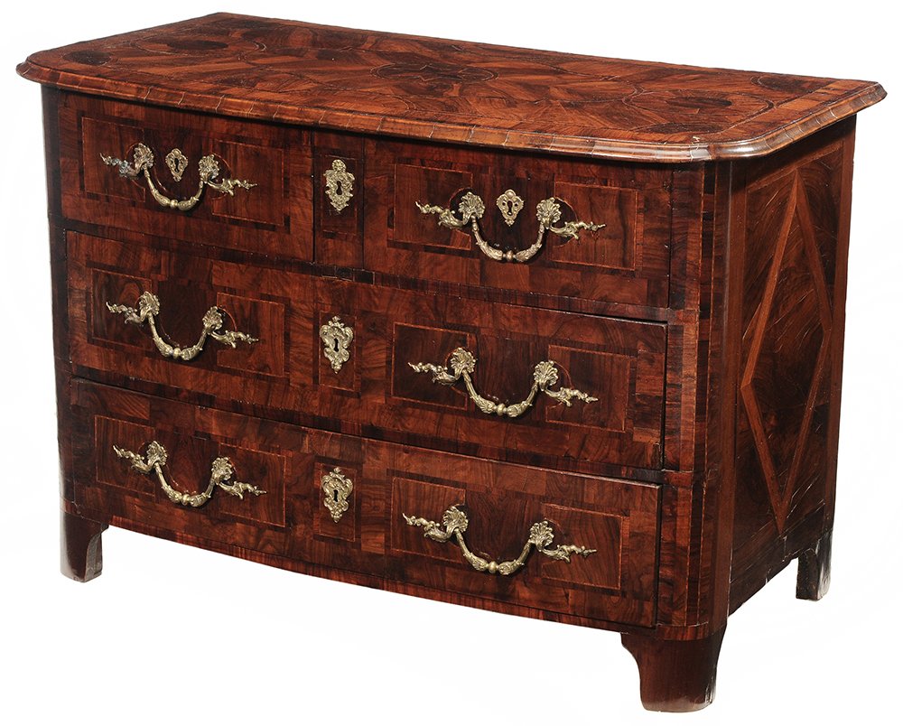 Burl Walnut Four-Drawer Commode: Continental, 18th century, star-inlaid thumb-molded paneled top over two small drawers and two graduated drawers with bronze pulls and escutcheons, straight legs with bracket feet, side panels with in
