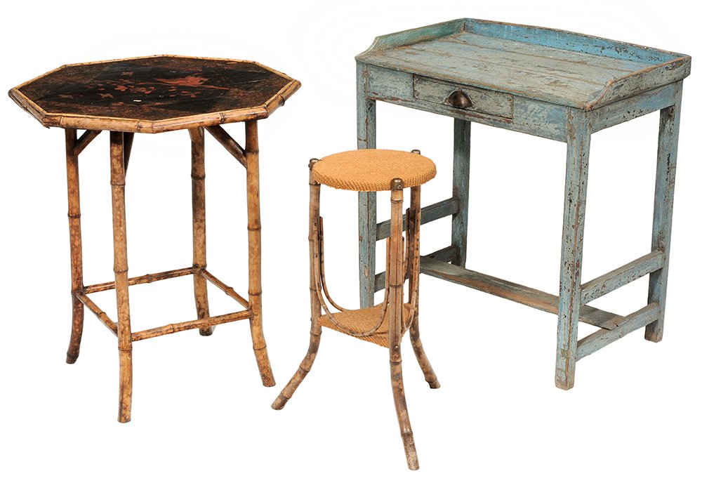 Painted Poplar and Pine One-Drawer: Writing Table, Two Bamboo Stands Continental, late 19th century: blue-painted writing table with three-quarter gallery over single drawer, straight legs with two-tier H-stretcher base, 29-3/4 x 28 x 1