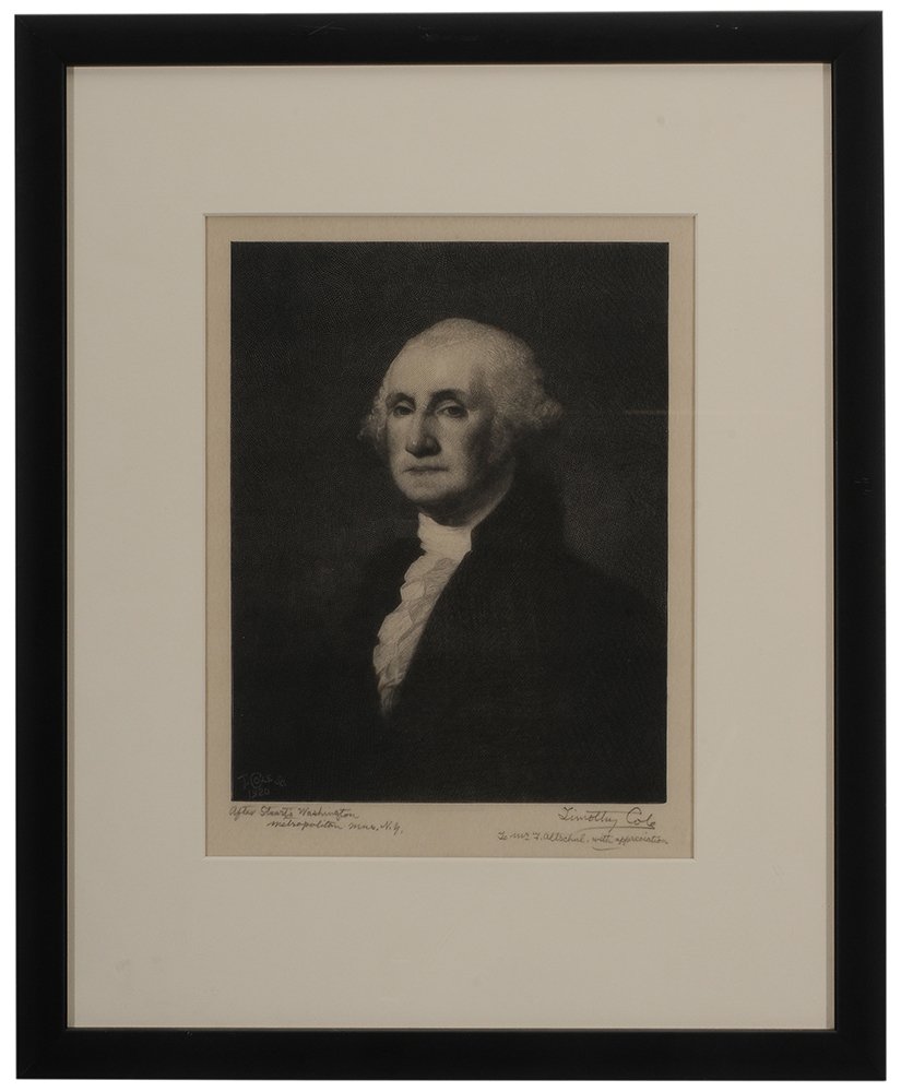 Timothy Cole: (New York/Illinois,1852-1931) George Washington, 1920, after Gilbert Stuart, signed lower right "Timothy Cole" and inscribed "To Mr. F. Altschul with appreciation", print, 10 x 7-3/4 i