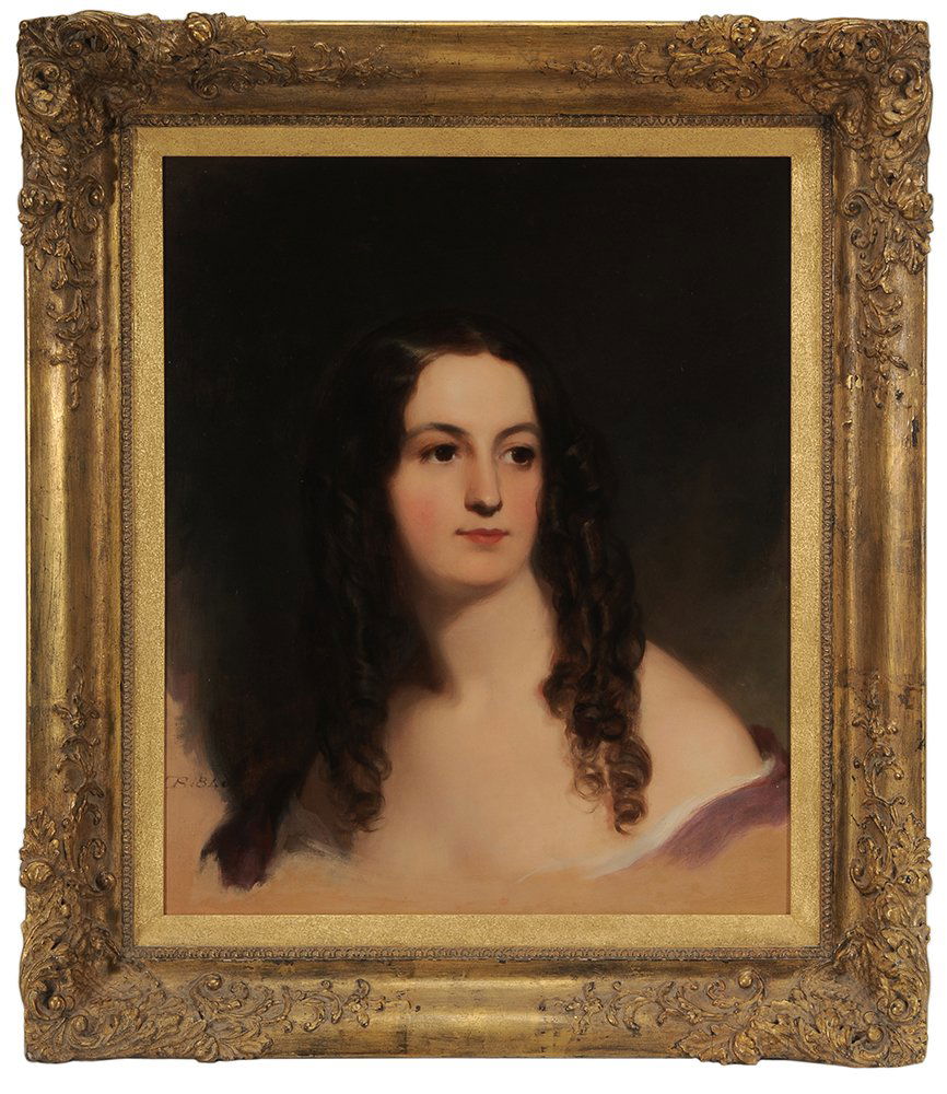 Thomas Sully: (Pennsylvania/Britain, 1783-1872) Miss Esther Hoppin (1819-1905), signed lower left "TS 1840", oil on artist board with colourman label for "G. Rowney & Co.", 24-1/8 x 20-1/8 in.;