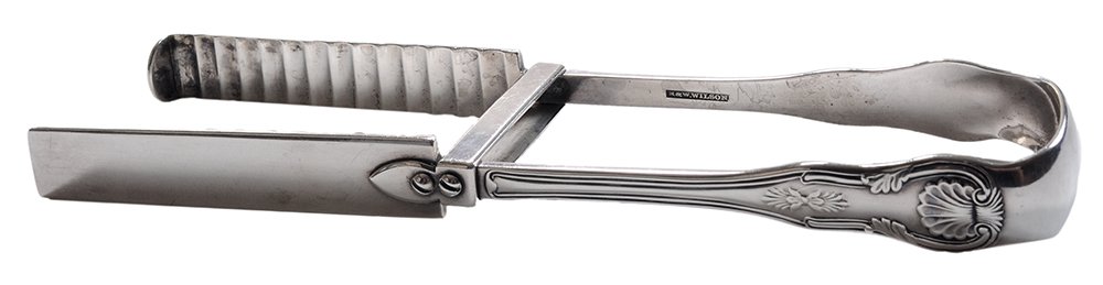 Coin Silver Asparagus Tongs: American, mid-19th century, King style pattern, R. & W. Wilson (Philadelphia, Pennsylvania, working 1825-1846), no monogram, 5.89 oz. T., 9-1/2 in., average wear. Provenance: Collection of Ted and