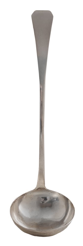 R W Davenport Coin Silver Ladle: American, 1830, downturned coffin handle, marked "R·W·Davenport" (Lancaster County, Virginia, circa 1830) overstruck unreadable mark, possibly maker, no monogram, 5.16 oz. T., 13 in., small 