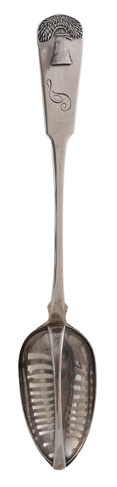 Coin Silver Strainer Spoon: American, mid-19th century, bowl with central fixed pierced strainer, downturned fiddle handle with sheaf of wheat decoration, back of bowl with shell decoration, monogram front and back, pseudo hallm