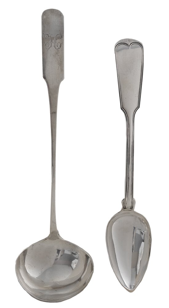 New York Coin Silver Ladle and: Stuffing Spoon American, 19th century, fiddle handle ladle, marks for Robert Wilson (New York City, working 1803-1816 and Philadelphia, PA, working 1816-1846), monogram, 15 in., bowl slightly bent, li