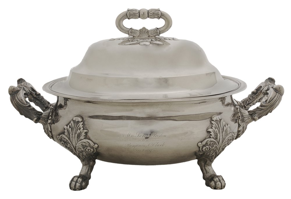 New York Coin Silver Soup Tureen: American, mid-19th century, oval with cast handles and paw feet, acanthus decoration, marks for Jones, Lows & Ball (Boston, Massachusetts, working 1839-1846), inscribed "Mrs. Sarah Preston/-to
