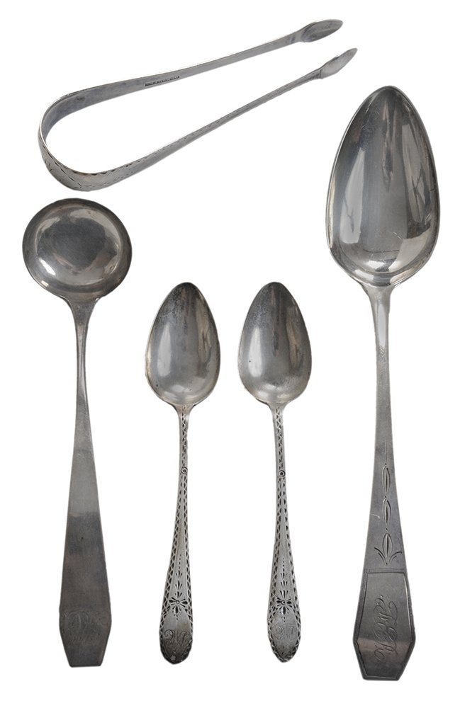 Nineteen Pieces Coin Silver Flatware: American, 18th and early 19th century, including tongs, ladle and spoons, most with bright-cut decoration, various makers including John Baptiste Dumoutet; John Gardiner; Joseph Anthony, Jr.; Thomas S
