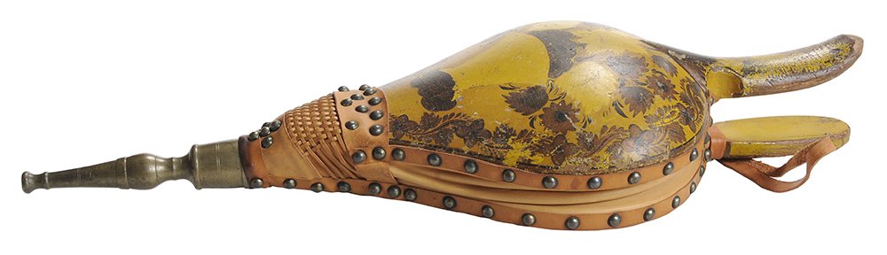 Rare Pair Paint-Decorated Signed: American Federal Fireplace Bellows labeled by "L M Johnson Southington, Conn", 1820-1830, finely stenciled and painted in shades of lemon yellow, ocher and bronze with traces of gilding, brass
